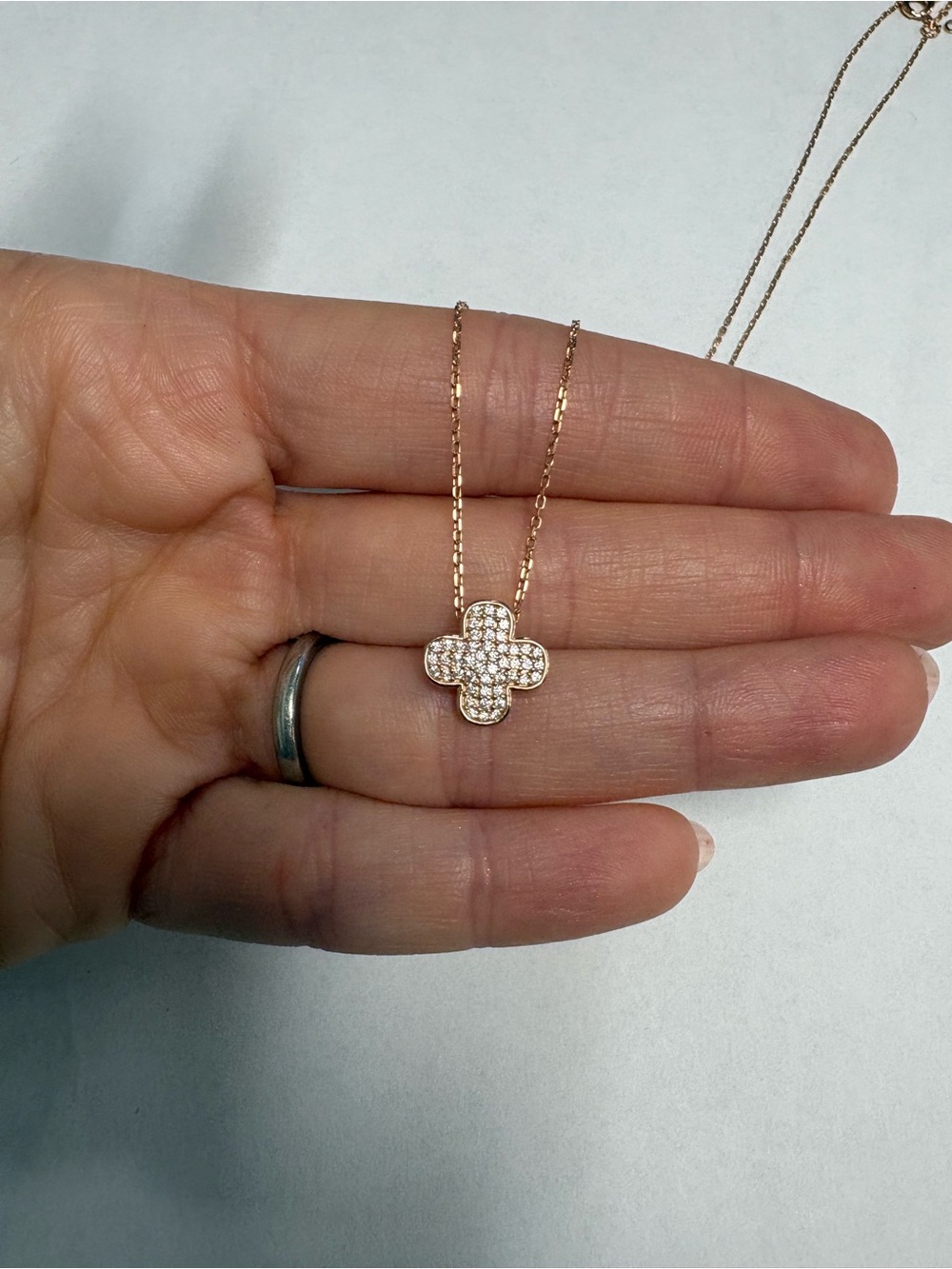 Suzy Levian Sample Rose Sterling Silver Pave White CZ Clover Pendant Necklace